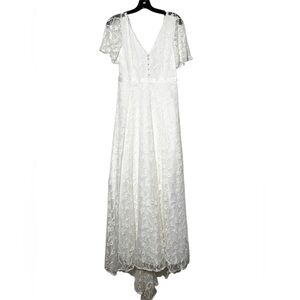 YAS ASOS Anastasia Train Bridal Wedding Gown Dress Lace Short Sleeve Size Medium